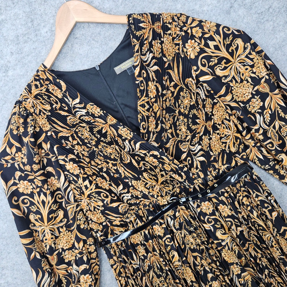 NEW Melonie T Pleated Midi Dress Women's 16W Black Rust Floral Belted V-Neck NWT
